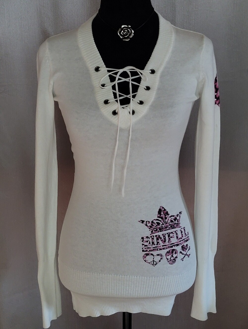 White Lace-Up V-Neck Women's Sweater with Pink Graphic